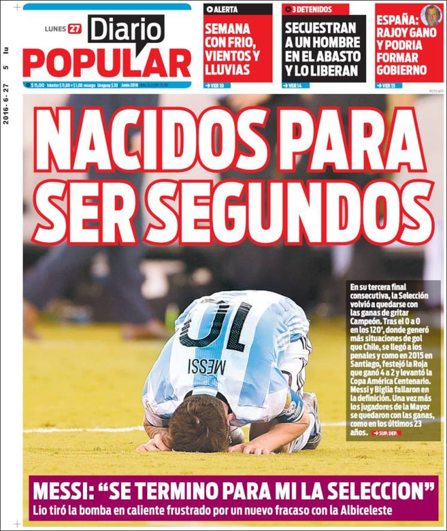 Un nuevo fracaso”: Las trágicas portadas de la prensa trasandina tras la  final de Copa América Centenario | 24horas